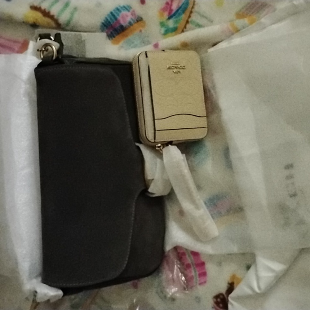 Coach Olive Suede Soft Tabby Zippy Card Holder)Oat Set